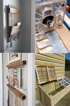 four different pictures showing the inside of a house with jewelry hanging from it's windows