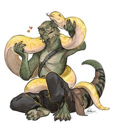 a drawing of a man holding a large snake in his hand and another person kneeling down next to him