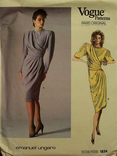 1980s  Designer Dress by Emanuel Ungaro Vogue Paris Original Pattern 1834  Uncut  Size  10  Bust 32. Fitted Evening Dress With Padded Shoulders, Formal Fitted Dresses With Gathered Sleeves, Elegant Fitted Dress With Padded Shoulders, 80s Vogue, Emmanuel Ungaro, Fashion 1980s, 1980s Design, Vogue Dress, Emanuel Ungaro