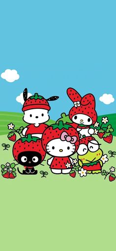 hello kitty and her friends are standing in the grass with strawberries on their heads