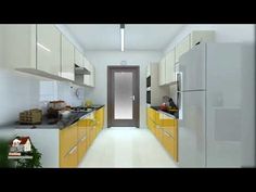 a long narrow kitchen with yellow cabinets and white flooring is seen in this image