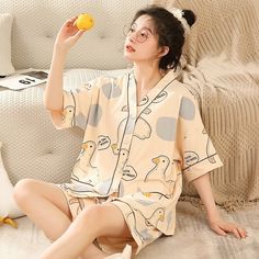 Color: Beige Duck, Size: M Casual Beige Sleepwear For Spring, Casual Beige Spring Sleepwear, Casual Cream Sleepwear For Home, Beige Relaxed Fit Sleepwear For Spring, Beige Summer Sleepwear For Home, Beige Spring Sleepwear For Home, Spring Beige Sleepwear, Cream Summer Sleepwear For Lounging, Duck Pajamas