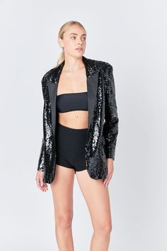 This Sequin Oversized Jacket is a chic addition to your wardrobe. Featuring a taffeta peaked lapel and V neckline this jacket is sparkly and eye-catching with its sequin embellishments. The long sleeves make it a perfect option for a night out or special occasion. This statement piece is sure to make you stand out. Enhance your style and make a statement with this Sequin Oversized Jacket! Sequins Taffeta peaked lapel V neckline Long sleeves Shoulder pads Contrast fake flap pocket Front button cl Chic Embellished Outerwear For Party Season, Chic Sequined Evening Outerwear, Chic Sequined Outerwear For Evening, Embellished Outerwear For Party Season And Night Out, Chic Party Outerwear With Contrast Sequin, Chic Contrast Sequin Party Outerwear, Chic Sequined Outerwear For Night Out, Glamorous Contrast Sequin Outerwear For Night Out, Glamorous Sequin Outerwear For Party Season