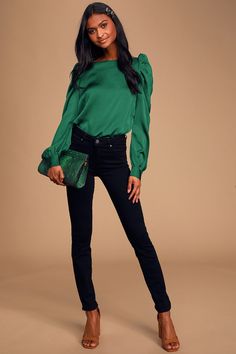 From the office to date night, the Lulus Love You Dearly Forest Green Satin Long Sleeve Top is the perfect pick! Sleek satin falls from a bateau neckline, into long sleeves with button cuffs and on-trend puffed shoulders. Relaxed, darted bodice sits atop a rounded hem. Back keyhole with top button. Pair with a pencil skirt for a classic look! Fit: This garment fits true to size. Length: Size medium measures 23.5" from shoulder to hem. Bust: Great for any cup size. Waist: Loosely Fitted. Undergar Green Blouse Outfit, Green Satin Top, Green Top Outfit, Satin Long Sleeve Top, Trendy Work Outfit, Dressy Shirts, Tops And Blouses, Green Gown, Satin Long Sleeve