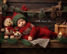 a baby sleeping next to two teddy bears on a shelf with pine cones and candles