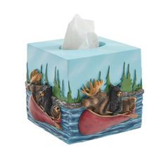 tissue box with moose and bear on canoe scene