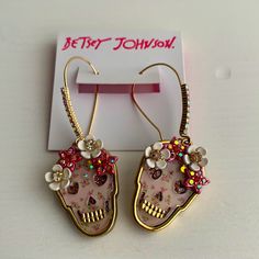 Nwt Betsey Johnson Skull Earrings Super Cute Design With Lots Of Details. Skull Face Is Classic Bj Rose Print. Rose Crown With Crystal Accents. Crystals Lining The Earring Post. Skull-shaped Metal Earrings, Rose Crown, Black Hoops Earrings, Cocktail Earrings, Spider Earrings, Betsey Johnson Earrings, Ghost Earrings, Skull Face, Earring Post