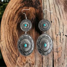 New Southwestern Navajo Silver & Turquoise Double Concho Drop Earrings Southwestern Blue Concho Jewelry, Southwestern Style Blue Concho Jewelry, Blue Southwestern Jewelry With Concho, Rustic Turquoise Concho Jewelry, Turquoise Concho Dangle Jewelry, Bohemian Turquoise Concho Earrings, Festival Concho Dangle Jewelry, Southwestern Style Concho Drop Earrings, Bohemian Concho Dangle Jewelry