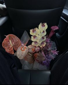 orchids and other flowers sit in the center console of a car's passenger seat