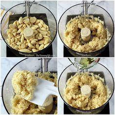 four pictures showing how to make almonds in a food processor