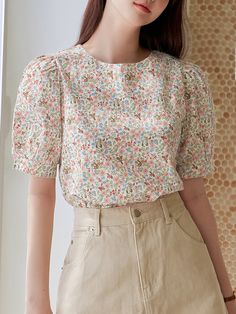 Multicolor Boho Collar Short Sleeve Fabric Ditsy Floral Top Embellished Non-Stretch  Women Clothing Korean Tops, Everyday Fashion Outfits, Casual Day Outfits, Blouse Short Sleeve, Easy Trendy Outfits, Puff Sleeve Blouse