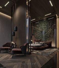 a modern bedroom with wood paneling and dark colored furniture, along with plants on the wall