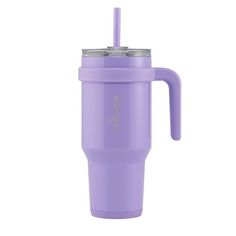 a purple cup with a straw in it