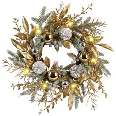 a christmas wreath with gold and silver decorations