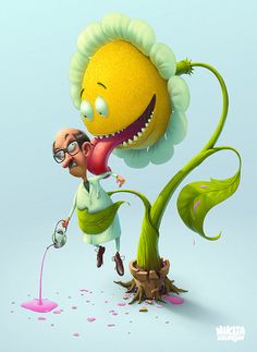 a cartoon character is watering water from a spiky plant with its mouth open