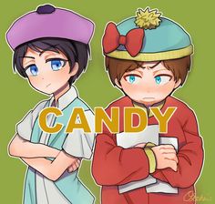 two people with hats on their heads and the words candy written in front of them