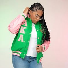 AKA Wool and Leather Letterman Jacket – The King McNeal Collection Green Winter Outerwear For College, Trendy Green Outerwear For College, Green Varsity Outerwear, Green Varsity Outerwear For College, Fitted Green Varsity Jacket, Green Long Sleeve Varsity Jacket For Fall, Pink Varsity Jacket For College In Fall, Green Varsity Outerwear For Spring, Green Fitted Varsity Outerwear