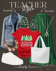 Green Skirt Christmas Outfit, Christmas Teacher Outfit Ideas, Business Casual Holiday Outfit, Teacher Christmas Outfits, Teacher Christmas Outfit Ideas, Business Casual Christmas Outfit, Fall Outfits2023, Outfits For Thanksgiving Women, Teacher Christmas Outfit