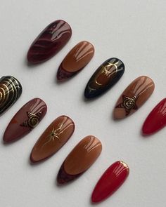 Autumn set !! Loving the browns and reds in this set with gold chrome 🌟🥀 #nails #shapedbyamy #autumn #autumnnails #pressonnails #gelx #goldchrome #nailsnailsnails #nailart Cute Nail Inspo Almond, Brown Red Nails, Starburst Nails, Gel Nails Autumn, Gold Chrome Nails, Nail Makeup, Nails Autumn, Nail Board, 2024 Nails