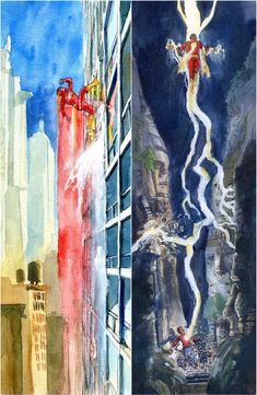 two paintings of the same city with buildings and fire hydrants in each painting, one is