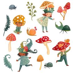 an illustration of children playing with mushrooms and plants in the forest on a white background