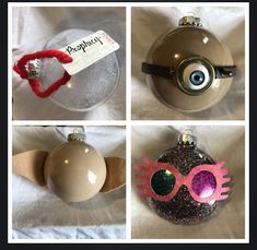 four different pictures of christmas ornaments with eyeballs and glasses on them, one has a name tag attached to the ornament