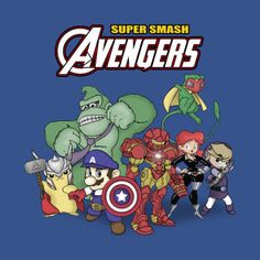 an image of the avengerss cartoon characters on a blue background with text that reads, super smash