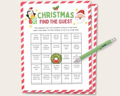 a christmas find the guest game with a green pen next to it on top of a red and white striped paper