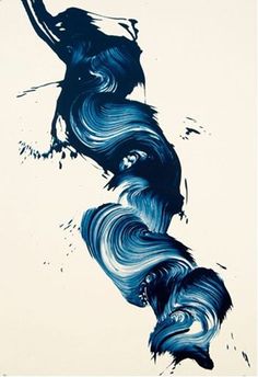 an abstract painting in blue and white with black swirls on the bottom half of it