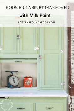 an old cabinet painted green with milk paint on it and the words hooser cabinet makeover