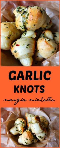 garlic knots in a bowl with text overlay that reads garlic knots maggia mitchelle