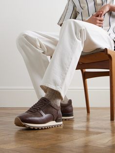 DESIGNED BY MR PORTER. Mr P.'s 'Carlos' sneakers are inspired by runners from the 1970s. Set on retro gum rubber soles, they're made from panels of chocolate leather and suede and have tonal topstitching. Casual Leather High-top Sneakers With Rubber Waffle Outsoles, Brown Leather Sneakers With Vibram Sole, Brown Calf Leather Sneakers With Contrast Sole, Brown Suede High-top Sneakers With Gum Sole, Casual Brown High-top Sneakers With Stitched Sole, Brown High-top Custom Sneakers With Vibram Sole, Brown Calf Leather Sneakers With Rubber Sole, Custom Brown High-top Sneakers With Rubber Waffle Outsoles, Sporty Brown High-top Sneakers With Vibram Sole