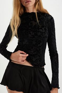 Endless nights await in this semi-sheer long sleeve from Intimately, featuring a velvet floral print for the perfect touch of texture. **Fit:** Fitted, semi-cropped **Features:** Semi-sheer fabrication, mock neckline, lettuce-edge trim, velvet floral print **Why We | Late Night Layering Top at Free People in Black Combo, Size: XS Lace Layering Top, Layered Lace Top, Endless Night, Sheer Clothing, Free People Long Sleeve, Semi Cropped, Fashion Capsule, Layered Tops, Mock Neckline