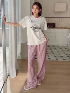 Slogan Graphic Drop Shoulder Tee & Plaid Print Pants PJ Set Pink   Short Sleeve Fabric Letter,Plaid Pant Sets Medium Stretch All Women Sleep & Lounge, size features are:Bust: ,Length: ,Sleeve Length: Comfy House Outfit, Ootd Rumahan, Cute Loungewear Outfits, Casual Home Outfits, Pant Outfits For Women, Cute Korean Outfits, Night Suit For Women, Oversize Tshirt Outfits, Plaid Pant