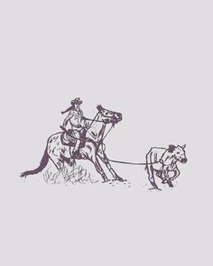 a drawing of a man riding on the back of a horse drawn by a cow