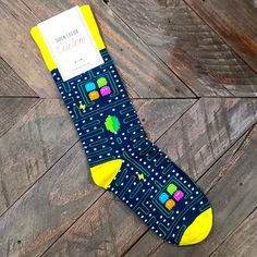 Navy And Yellow With Pacman Design. Nwt Fun Yellow Cotton Socks, Fun Blue Cotton Socks, Casual Yellow Socks For Stocking Stuffers, Navy And Yellow, Casual Socks, Mens Socks, Yellow Blue, Blue Yellow, Custom Color