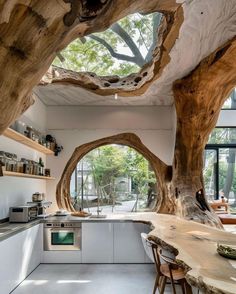 Step into this breathtaking kitchen where the beauty of nature meets modern design. The organic shapes of the wooden elements seamlessly integrate with sleek cabinetry, creating a warm and inviting atmosphere. Large openings invite natural light, while the unique tree-like structure adds a whimsical touch. This space is perfect for culinary creativity and gatherings with family and friends. Downloadable Woodworking Plans, White Bathroom Designs, Earthship Home, Rustic Kitchen Design, Dream House Rooms, Earthship, Wood Work