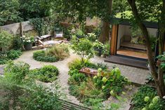 an aerial view of a garden with lots of plants