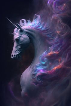 a white unicorn with long manes standing in front of a black background and colorful swirls