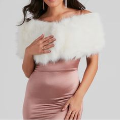 Color Ivory. New. Long Design Hook And Eye Closure At Center Faux Fur Exterior Satin-Like Lined Interior Dress With Fur Shawl, Breathtaking Dresses, Dress With Fur, Barbie Halloween Costume, Pinup Fashion, Faux Coat, Faux Fur Shawl, Barbie Halloween, Vegas Dresses