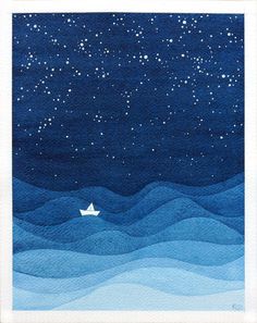 a paper boat floating on top of water under a night sky with stars above it