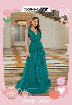 Formal V-neck Tiered Mesh Green Ball Gown Rj11113 Green V-neck Gown For Summer, Green V-neck Bridesmaid Dress, Green V-neck Evening Dress, Green V-neck Party Gown, Summer V-neck Gala Gown, Summer Gala V-neck Gown, Green V-neck Maxi Dress For Gala, Summer Evening V-neck Gown, Green Ball Gown