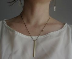 Brass stick bar gold long necklace antique gold plated chain Minimalist Chain Necklace With Rectangular Pendant, Minimalist Brass Necklace With Rectangular Pendant, Minimalist Delicate Brass Chain Necklace, Minimalist Brass Chain Necklace, Minimalist Jewelry Gold, Gold Long Necklace, Necklace Antique, Gold Bar Necklace, Friend Gifts