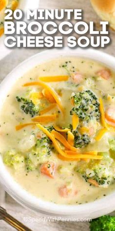 broccoli cheese soup in a white bowl