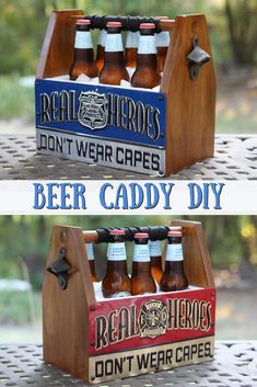 two wooden crates with beer bottles in them and the words real hero don't wear capes