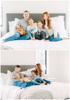 two photos of a family sitting on a bed