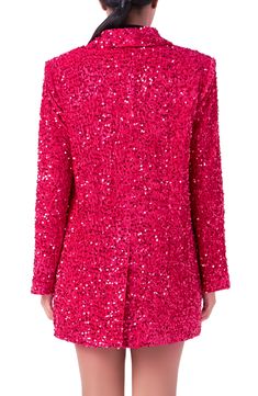 Strong shoulders frame this longline velvet blazer designed in a one-button silhouette with lustrous allover sequins. One-button closure Shawl collar Front-flap pockets Lined 100% polyester Hand wash, dry flat Imported Pink Glamorous Evening Outerwear, Glamorous Pink Evening Outerwear, Glamorous Pink Sequined Outerwear, Glamorous Pink Outerwear For Night Out, Strong Shoulders, Blazer Designs, Velvet Blazer, Shawl Collar, Long A Line