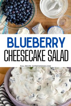 blueberry cheesecake salad in a bowl on a wooden table with ingredients around it