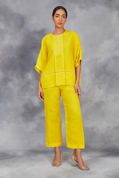 Yellow handwoven linen top with placement silk thread, beads embroidery and box pleat on front yoke. Paired with a straight pant. - Aza Fashions Elegant Linen Sets With Straight Pants, Thread Beads, Pant Women, Beads Embroidery, Pant Sets, Box Pleats, Silk Thread, Linen Top, Pure Linen