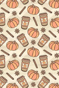 an orange and brown pattern with pumpkins, cinnamon sticks, and jars on it